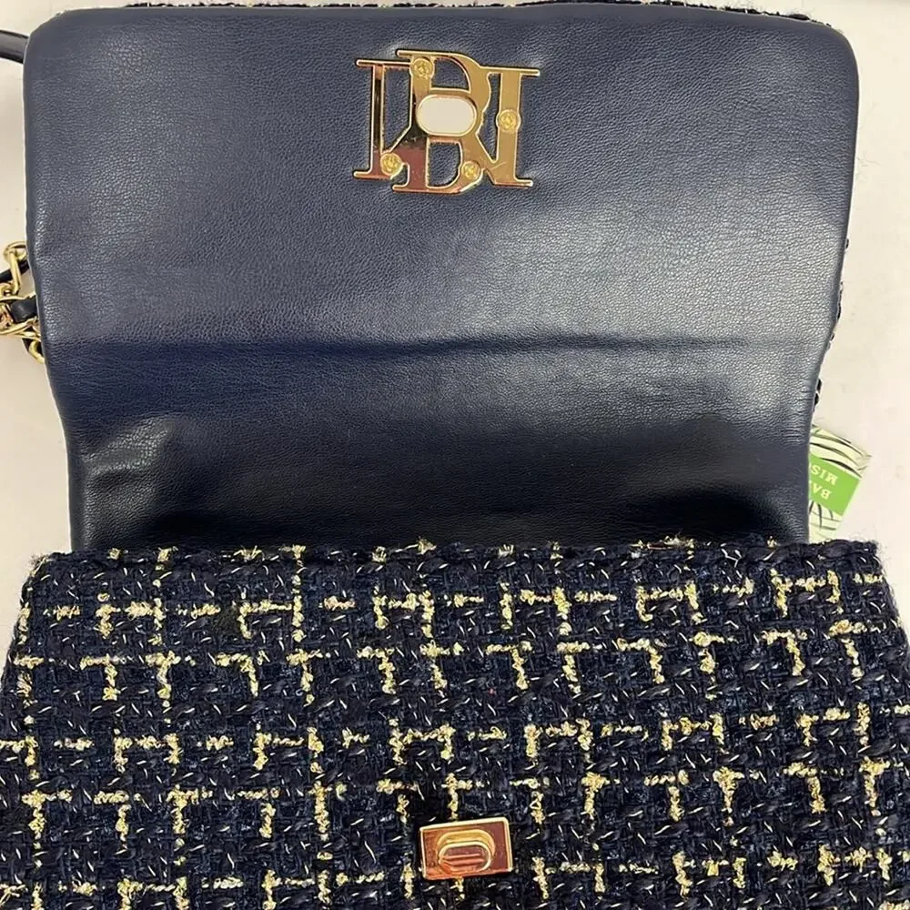 Badgley Mischka Purse Navy Blue Textured Messenger Bag Crossbody Gold Accents - Picture 7 of 11